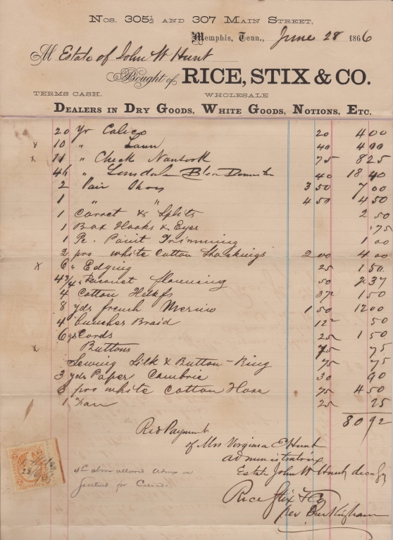Memphis, TN - 1866 - Rice, Stix & Co.