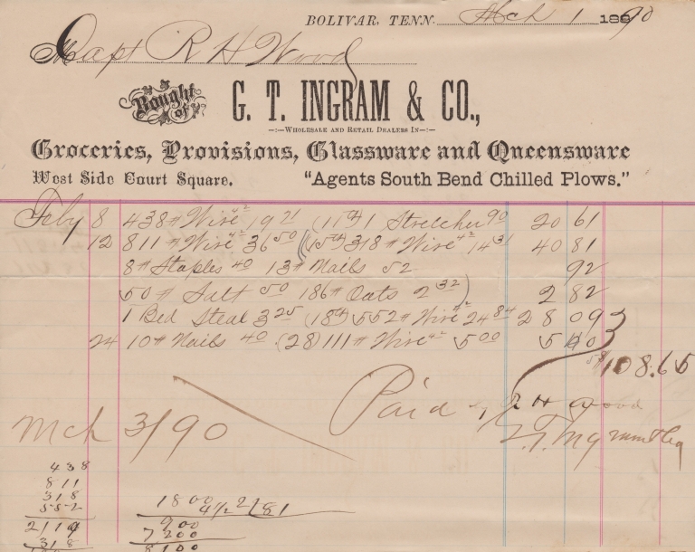 Bolivar, TN - 1890 - G. T. Ingram & Co.