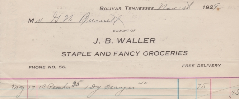 Bolivar, TN - 1929 - J. B. Waller